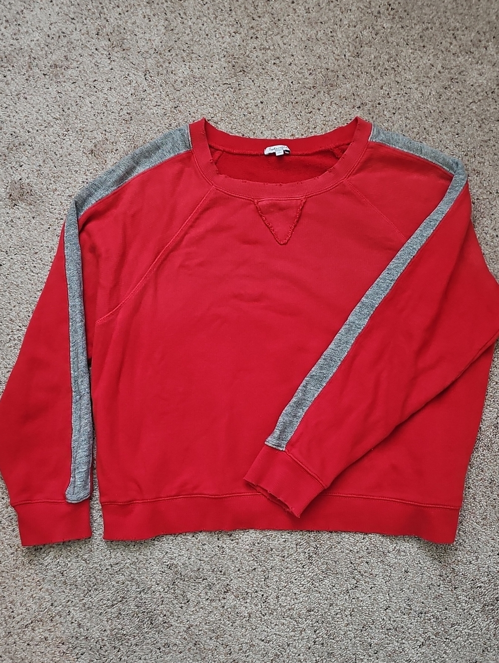 Women's Red Crewneck Distressed Sweatshirt with Gray Sleeve Stripes